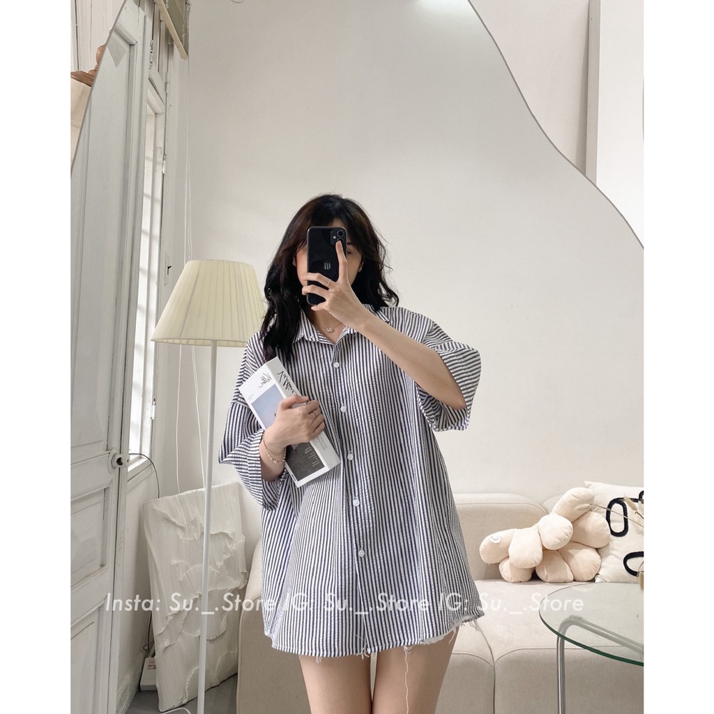 Áo sơ mi kẻ xốp nhăn 1 túi trước A1845 SUSTORE