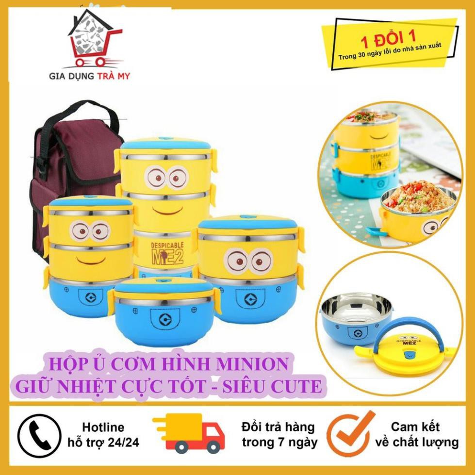 Hộp Cơm, Cặp Lồng Giữ Nhiệt Inox 4 Tầng Có Quai Sách Hình Minion Siêu Cute Đáng Yêu, Hộp Cơm Giữ Cực Tốt