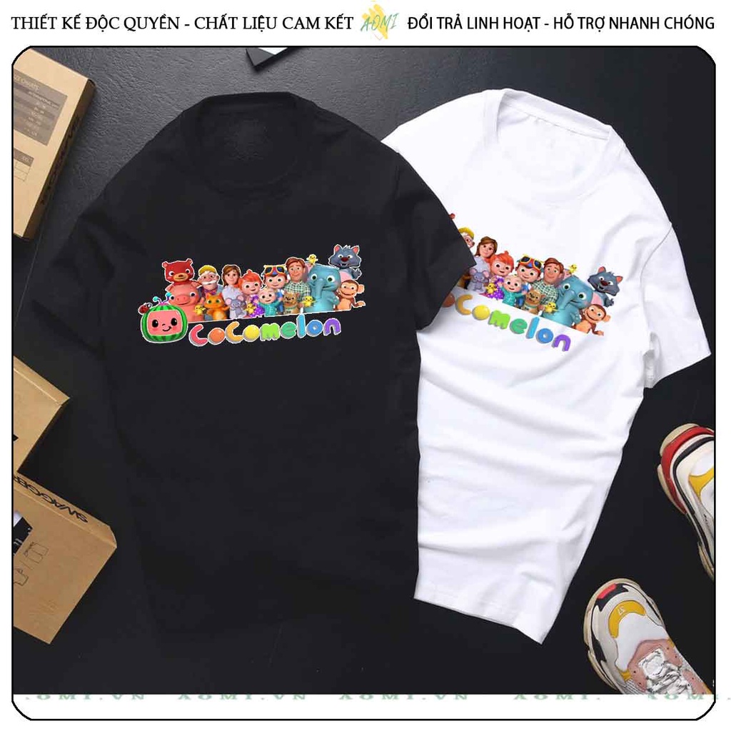 ÁO THUN HOẠT HÌNH cocomelon UNISEX PHÔNG ĐEN TAY NGẮN NAM NỮ GIA ĐÌNH CẶP ĐÔI SIZE TRẺ EM BÉ TRAI GÁI AOMIVN