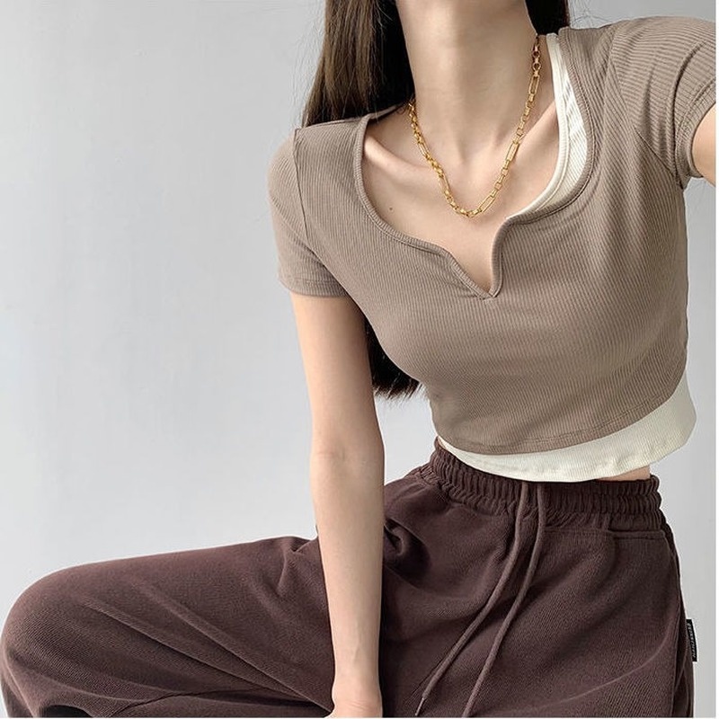 Áo Thun Croptop Ngắn Tay Giả Hai Lớp Thiết Kế Thời Trang Cho Nữ