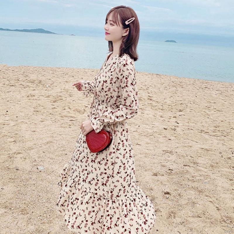 Đầm hoa nữ tay dài kiểu Hàn Quốc dịu dàng đáng yêu | BigBuy360 - bigbuy360.vn