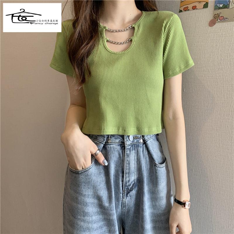 Đặc Biệt Offer ~ Áo Thun Ngắn Tay Phối Dây Xích Dáng Ôm Thời Trang Mùa Hè Dễ Phối Đồ