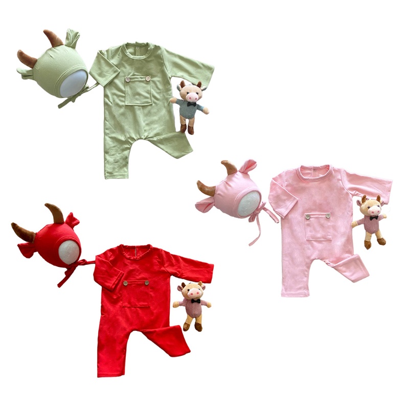 Bộ 3 Món Áo Liền Quần + Nón + Búp Bê Đáng Yêu Cho Bé Sơ Sinh