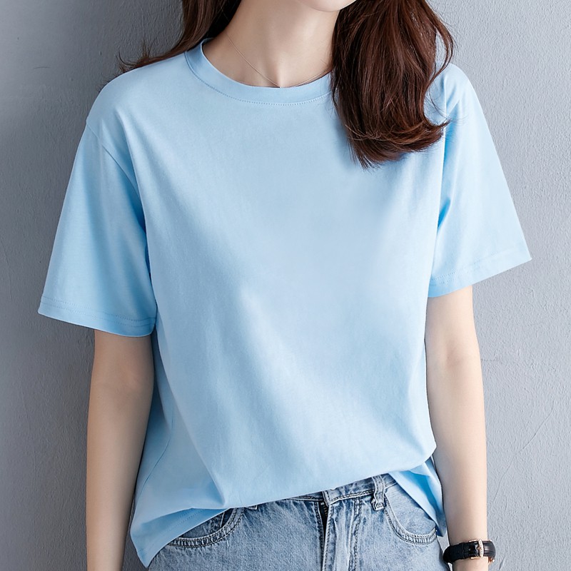 Women's cotton short-sleeved T-shirt solid color short-sleeved loose half-sleeved light blue women's clothing new women'