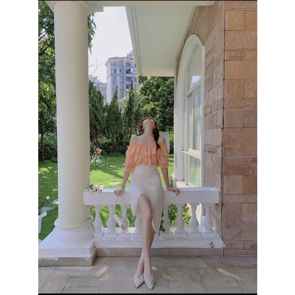 SET ÁO VOAN CAM BÈO DÂY HẠT + CHÂN VÁY XẾP XÉO LỆCH