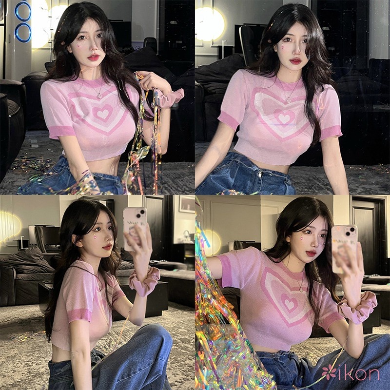 Áo Croptop Vải Lụa Lạnh Tay Ngắn Dáng Ôm Thoáng Khí In Hình Trái Tim Kiểu Retro Cho Nữ