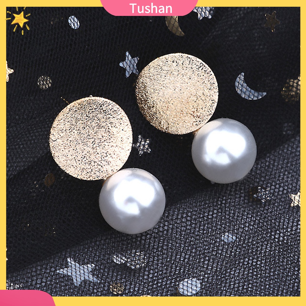 Khuyên tai đinh tán mặt hình tròn bằng kim loại đính hạt ngọc trai giả thanh lịch dành cho bạn nữ