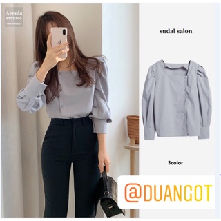 (ORDER) Áo sơ mi nữ cổ vuông tay phồng thiết kế cài khuy lệch style MORAN Hàn Quốc