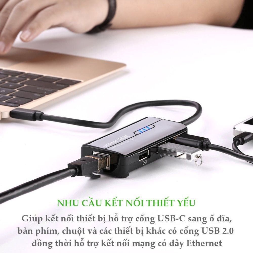 Hub USB, Bộ chia USB Type C ra 3 cổng USB 2.0 và 1 cổng Lan 10/100 Ugreen 30289