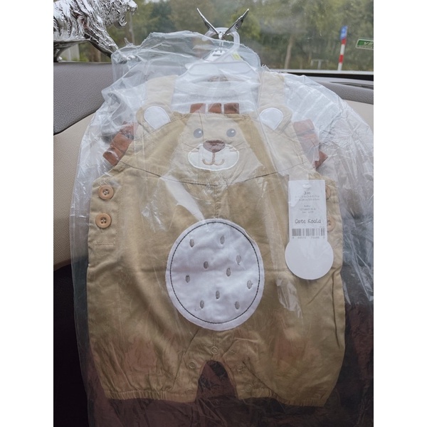 Set yếm gấu màu be kèm áo sơ mi sọc 0-24M cho bé