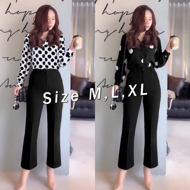 Set nguyên bộ quần dài ống suông áo sơ mi tay dài chấm bi