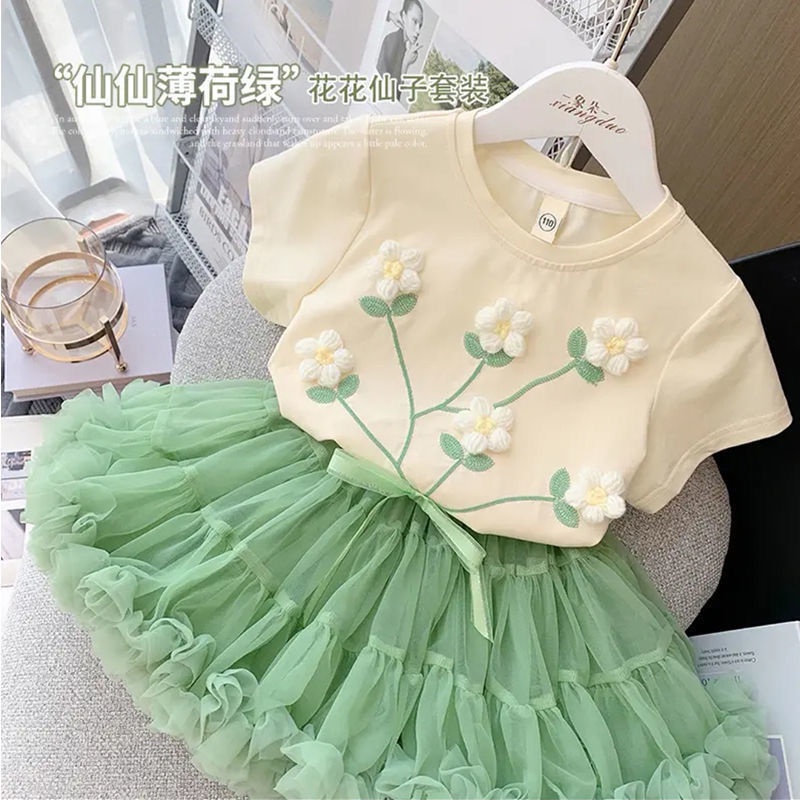 Set Áo Thun Tay Ngắn Phối Chân Váy In Hoa Thời Trang Hè Xinh Xắn Cho Bé Gái