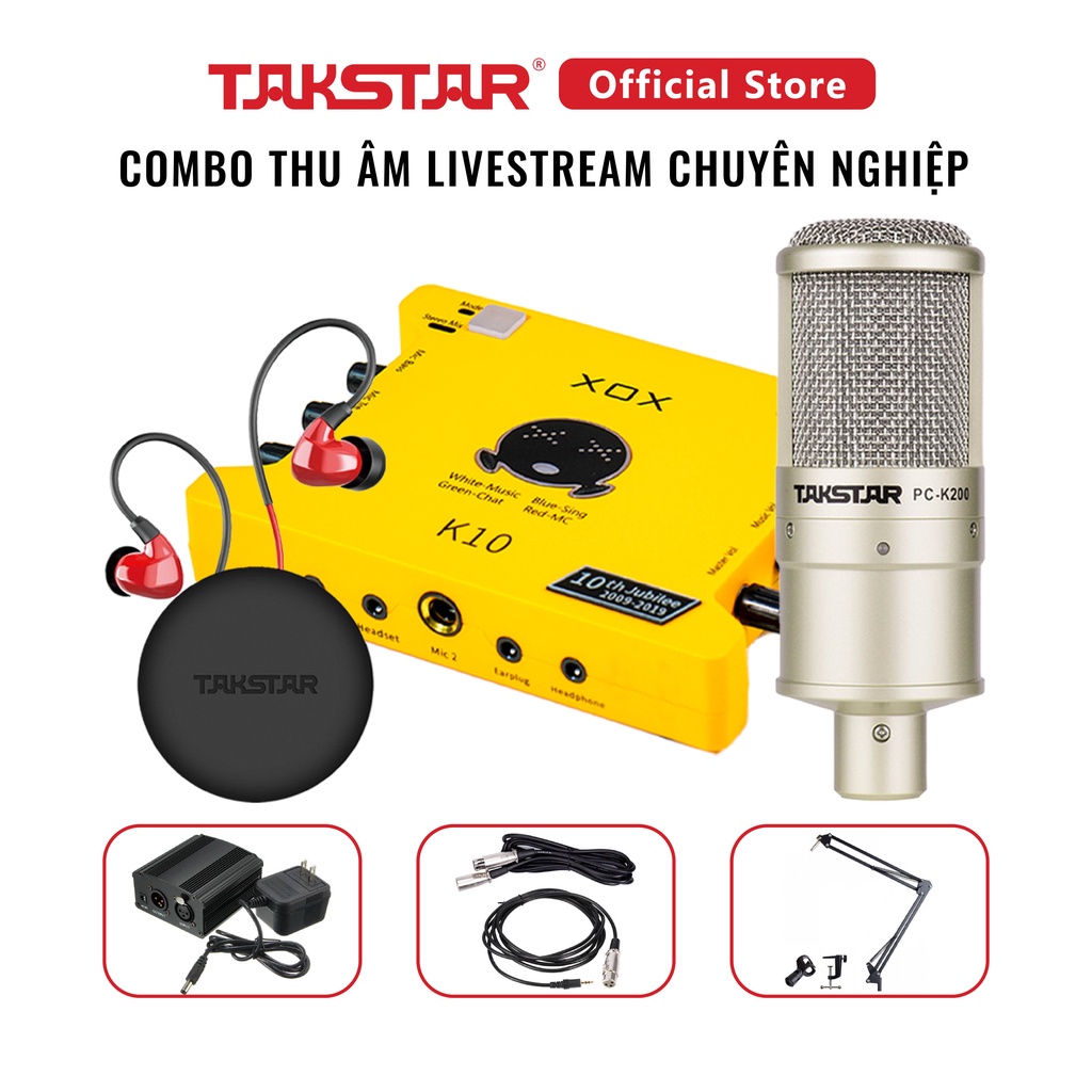 Bộ Mic Livestream Chính Hãng Đầy Đủ Sound Card XOX K10, Mic Takstar PC-K200, Tai Nghe Takstar TS-2260 & Phụ Kiện