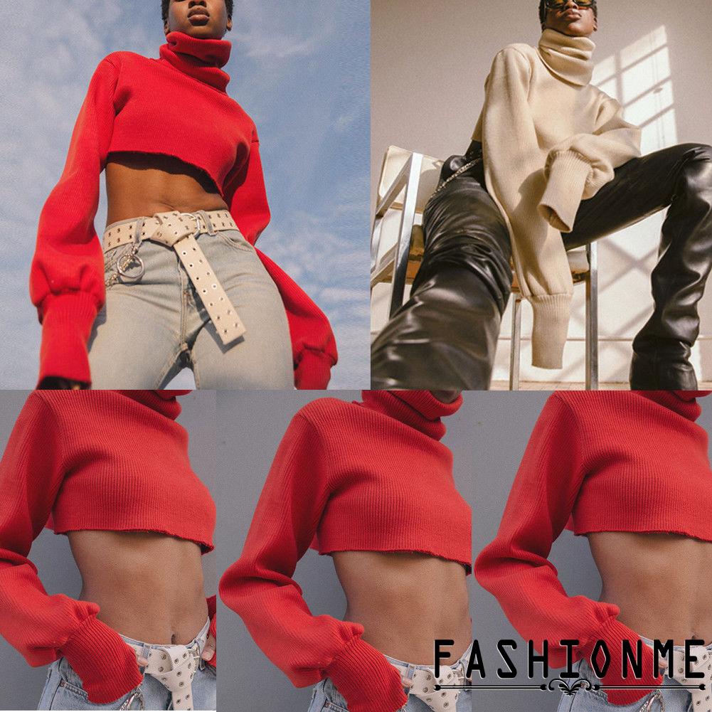 Áo len ngắn hở rốn tay dài cổ lọ thời trang cho nữ | BigBuy360 - bigbuy360.vn