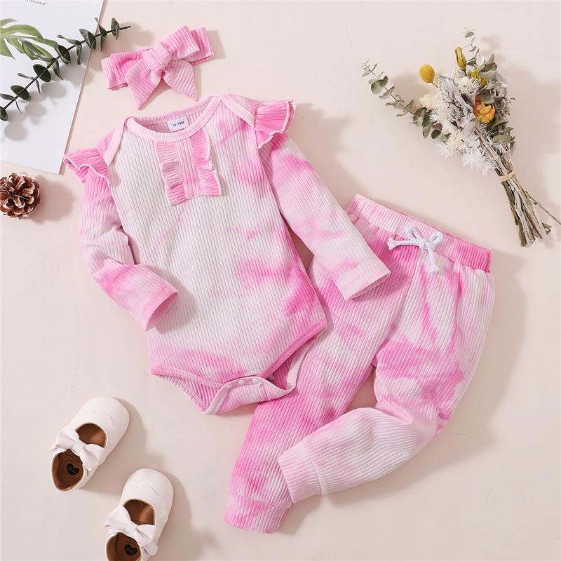 Set romper + quần + băng đô Mikrdoo tay dài màu trơn xinh xắn dành cho bé gái