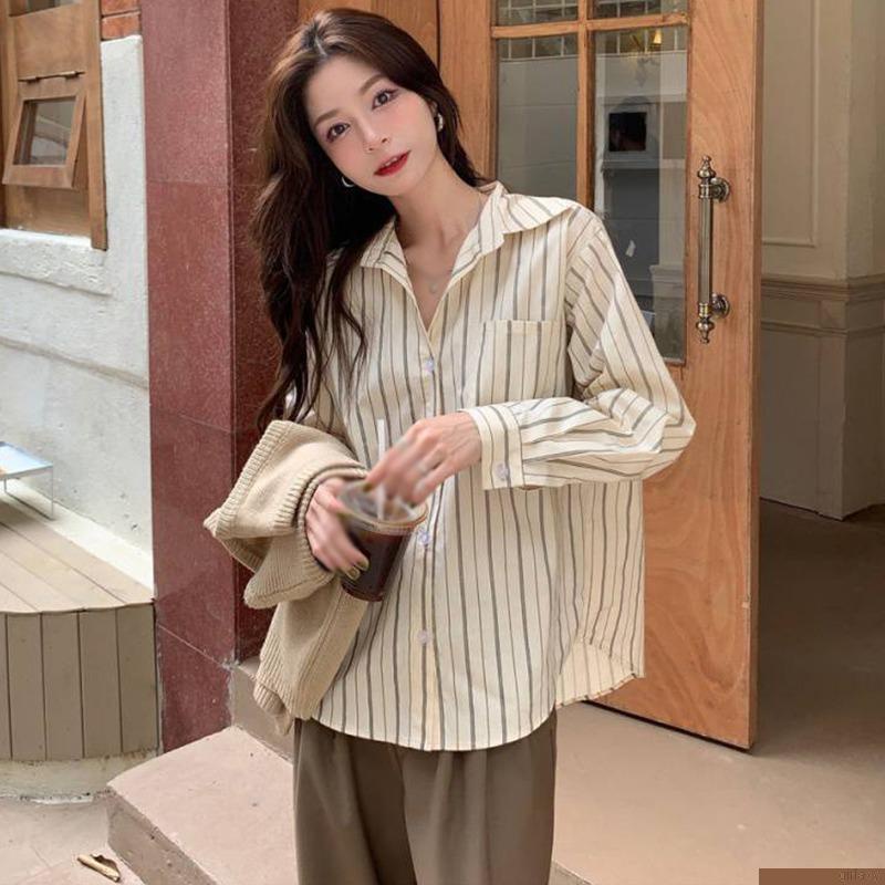 Áo sơ mi tay dài dáng rộng họa tiết sọc phong cách Hàn Quốc thời trang cho nữ