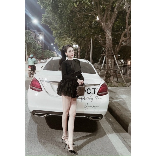 Set áo len cổ nơ + chân váy tầng