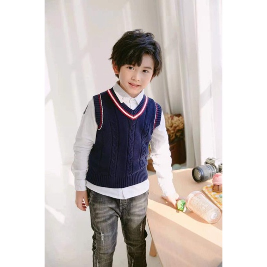 Áo gile len cổ tim phong cách Hàn Quốc cho bé trai, hàng QCCC, chất mịn đẹp