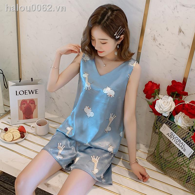 ✶✓♙✿Ready stock✿  Ice silk sexy pajamas female charming summer suit large size net red vest suspenders short-sleeved home clothes can be worn outside