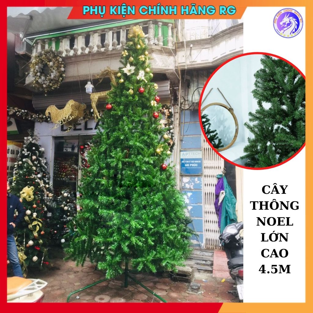 Cây thông noel 4m5 chân sắt cao tán dày tặng kèm 1 ngôi sao đỉnh và 10 dây kim tuyến