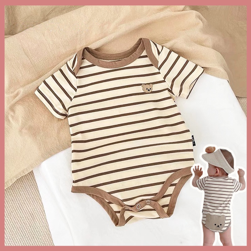 Bộ Áo Liền Quần Tay Ngắn Chất Liệu Cotton In Họa Tiết Chú Gấu Dễ Thương Thời Trang Mùa Hè Cho