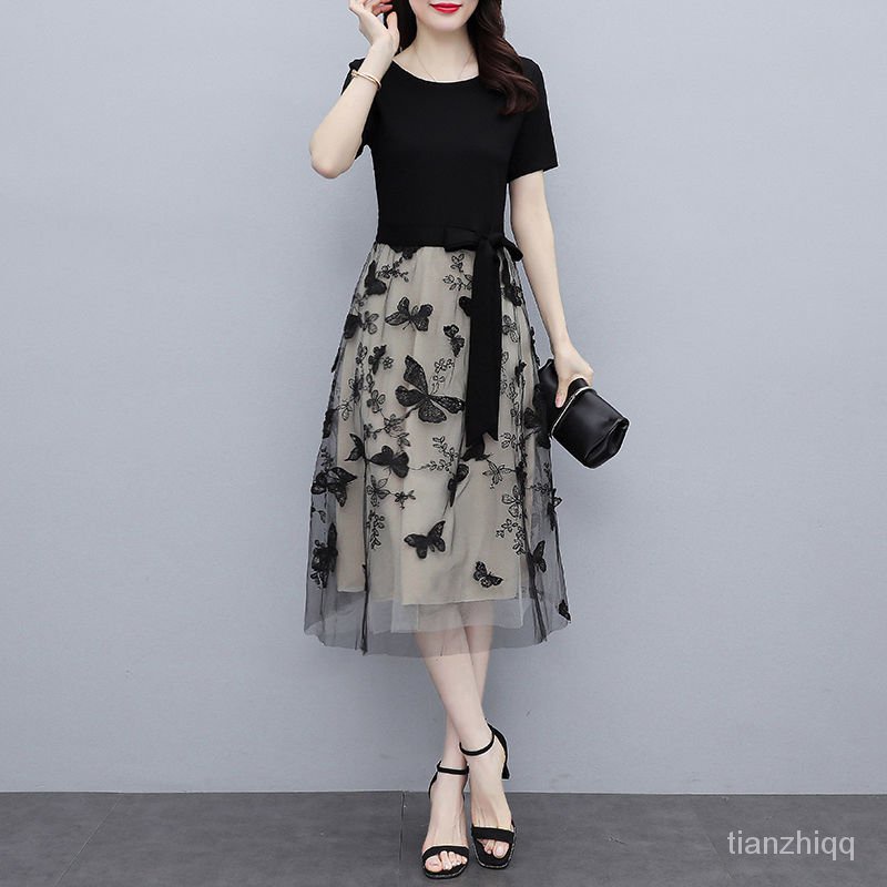 Đầm Tay Ngắn Phối Lưới Thêu Hoạ Tiết Đơn Giản Trẻ Trung Dành Cho Nữ | BigBuy360 - bigbuy360.vn