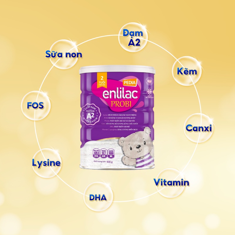 Sữa Bột Cho Bé Thấp Còi, Chậm Lớn ENLILAC Probi Protein A2 Pedia Giúp Ăn Ngon Tiêu Hoá Tốt 900g/Lon
