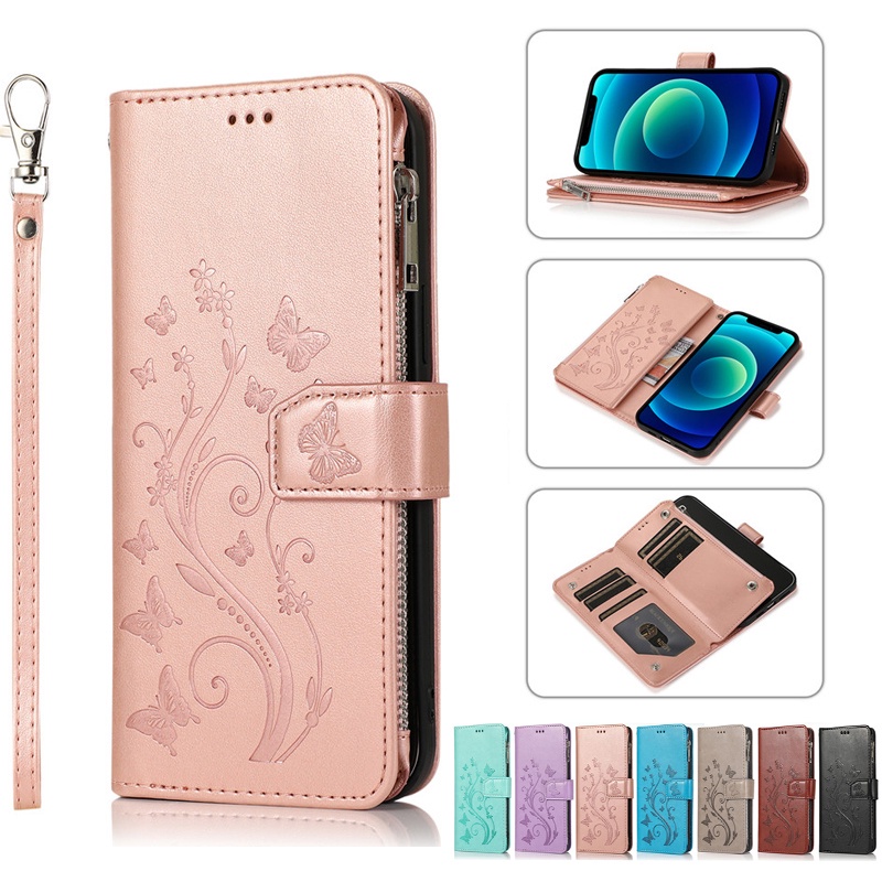 Ốp điện thoại da mềm dập nổi họa tiết cánh bướm dạng ví có dây kéo cho IPhone 13 Apple 13 Pro Max IP 11