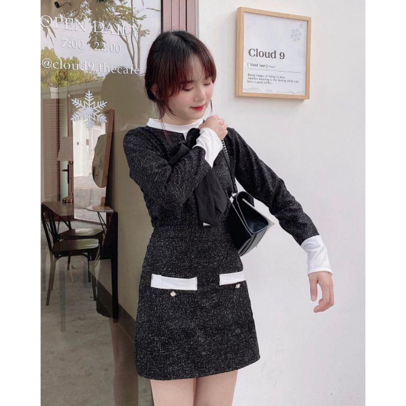 Set dạ mùa thu đông dạ gồm áo khoác len tiêu và chân váy phối trắng ullzang
