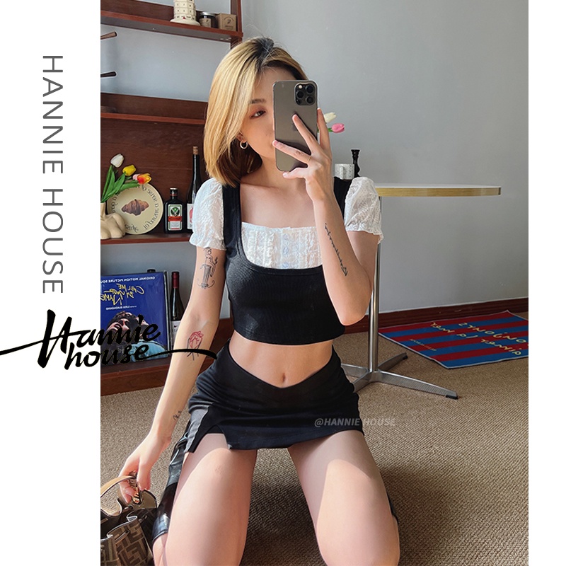 Áo Thun Tay Ngắn Cổ Vuông Giả Hai Lớp Thời Trang Cho Nữ