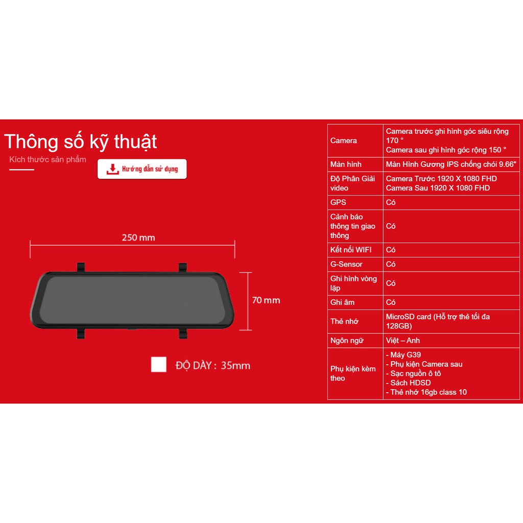 Camera Hành Trình VIETMAP G39 - Cảnh báo giao thông bằng giọng nói - Màn hình gương cảm ứng - Hàng Chính Hãng