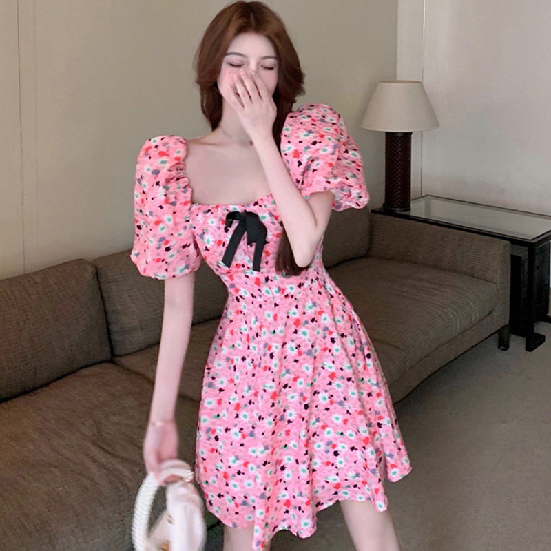 Đầm Tay Ngắn Cổ Vuông Họa Tiết Hoa Phong Cách Retro Cho Nữ