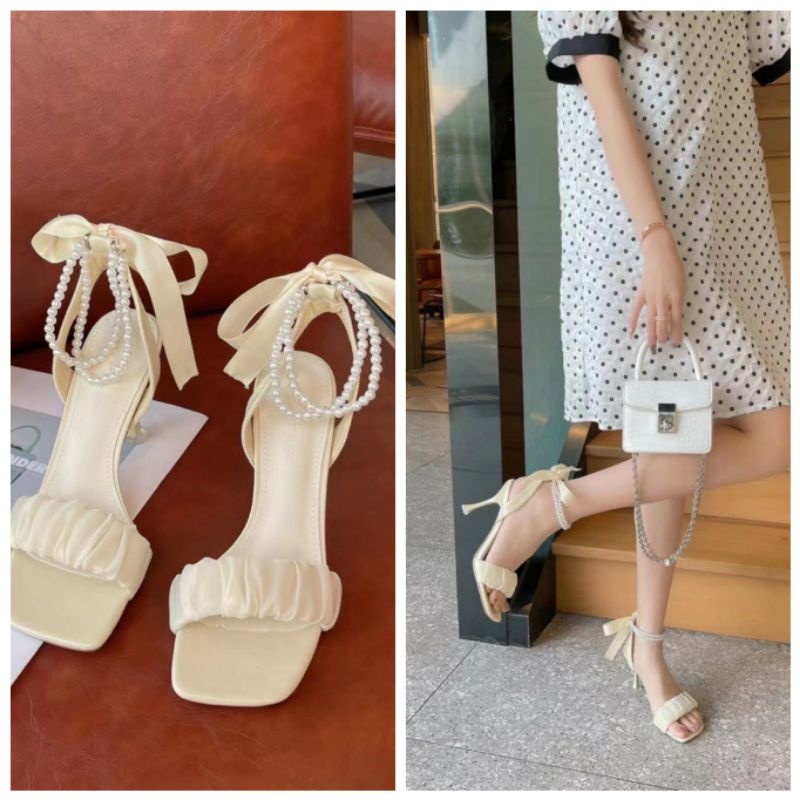 Dép Sandal cao gót 7 cm nữ phối dây ngọc mã DE14