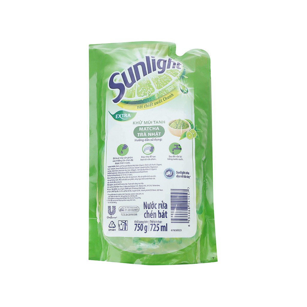 Nước rửa chén Sunlight Extra trà xanh matcha Nhật Bản túi 717ml