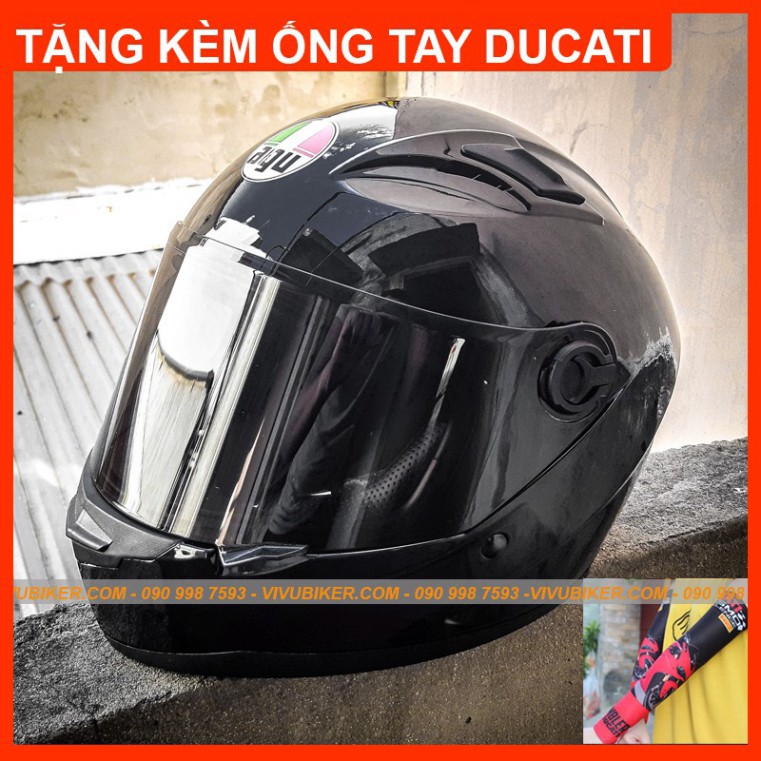 KHO SG-  Nón bảo hiểm fullface AGU đen bóng phiên bản kính đen tặng kèm ống tay chống nắng DUCATI - Mũ Fullface đen bóng