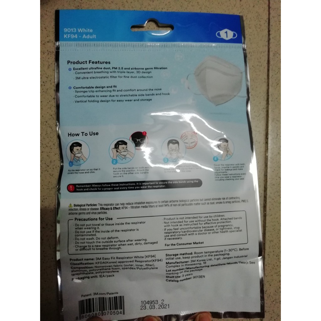 Khẩu trang chống bụi và kháng khuẩn 3M 9013 (màu trắng) (3M Hàn Quốc - KF94) (1 gói 1 chiếc)