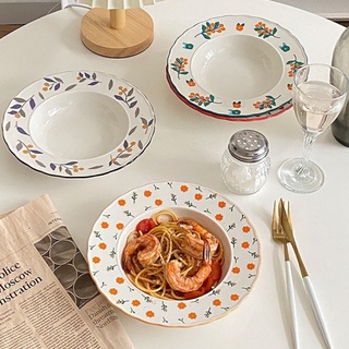 Sẵn Đĩa sứ sâu lòng viền hoa, đĩa ăn salad dĩa ăn mì ý cao cấp phong cách Bắc Âu Vintage chén đĩa decor Bếp Ấm