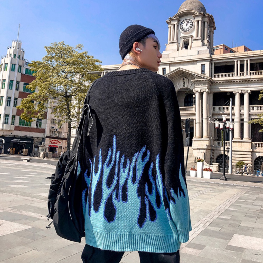 Áo sweater len nam nữ form rộng ngọn lửa xanh đen, áo sweater nam unisex màu đen thời trang ulzzang hàn quốc - Len02