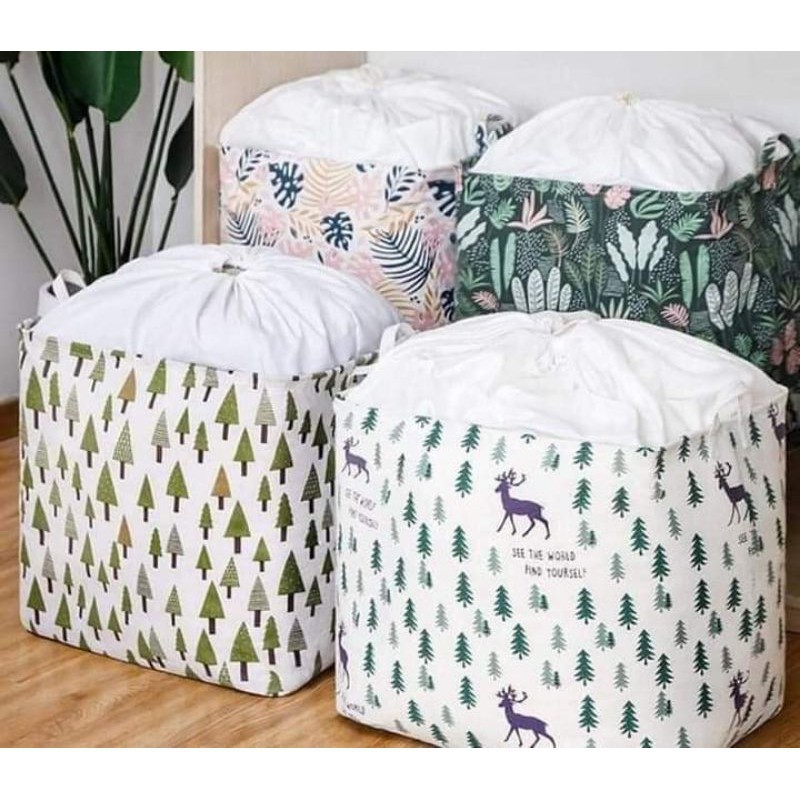 Giỏ vải KHUNG SẮT TO đựng quần áo, chăn màn có dây rút và quai xách siêu to - giao màu ngẫu nhiên