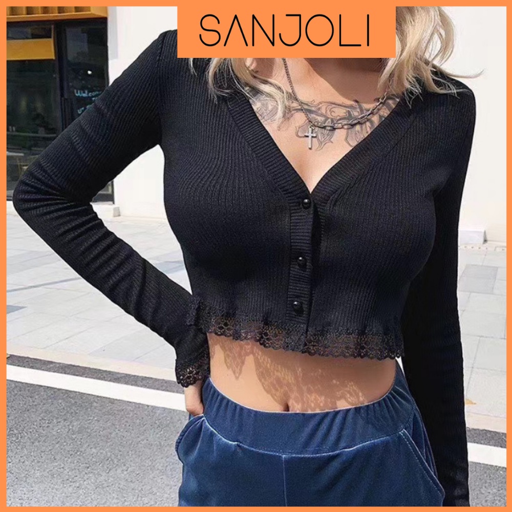 Áo Croptop Tay Dài SANJOLI Áo Cardigan Nữ Kiểu Ôm Body Sexy Bánh Bèo Thiết kế Hở Ngực Phối Ren Trắng Đen AO031