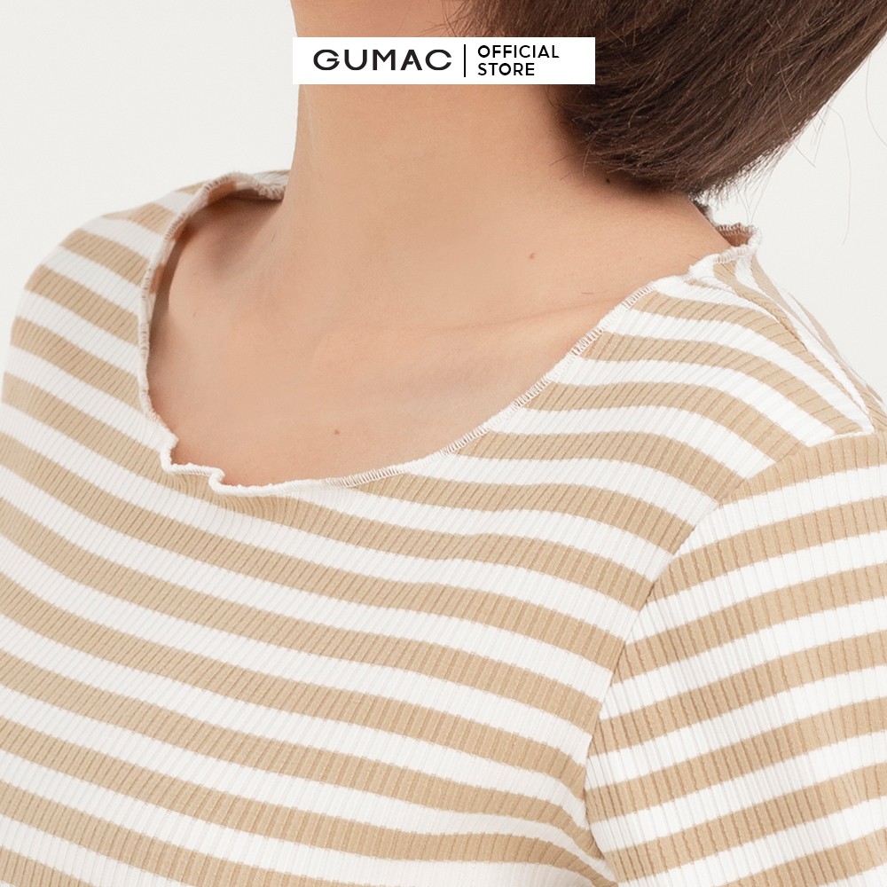 Áo thun nữ croptop tay dài GUMAC họa tiết sọc ngang ôm body ATB412 | BigBuy360 - bigbuy360.vn