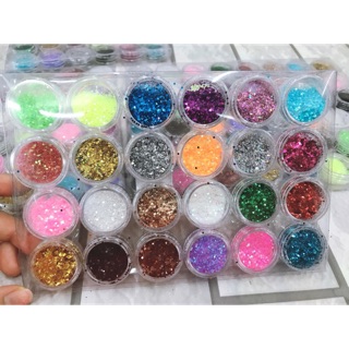 Set kim tuyến nhũ mịn pha hạt lớn 24 ô trang trí móng tay chân