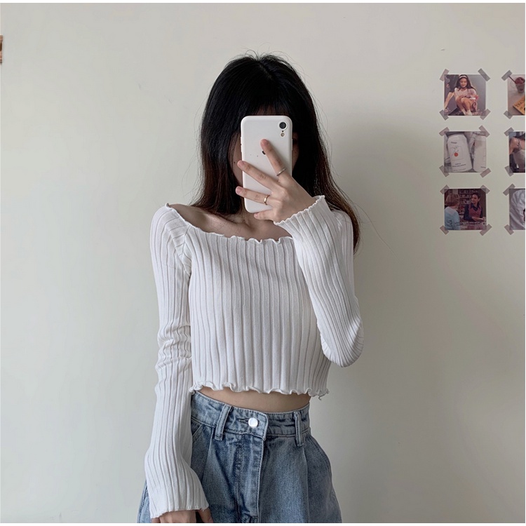 Áo Croptop Sweater Dài Tay Với Thiết Kế Hở Eo Xinh Xắn Dành Cho Nữ 9308