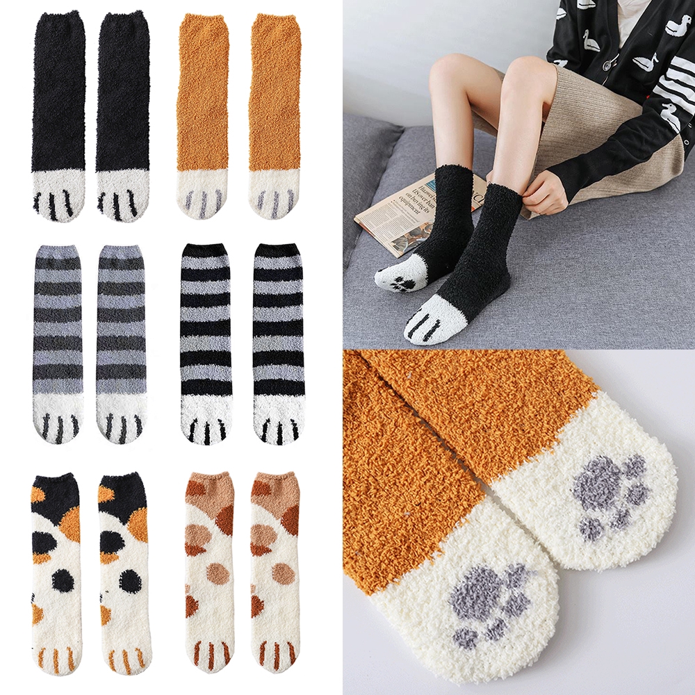 Autumn Winter Coral Velvet Socks Fashion Female Thick Warm Cartoon Cat Claw Parttern Socks Woman | BigBuy360 - bigbuy360.vn