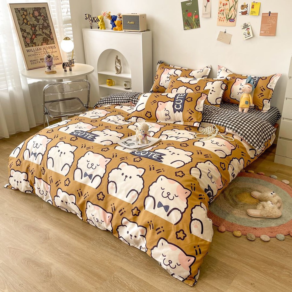 Bộ chăn ga gối cotton poly Lidaco decor phòng ngủ vintage - Mèo Nâu ( SP001408 )