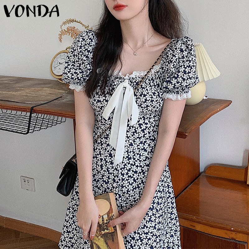 Đầm VONDA Tay Ngắn Cổ Vuông Phối Ren In Họa Tiết Hoa Xinh Xắn Thời Trang | BigBuy360 - bigbuy360.vn