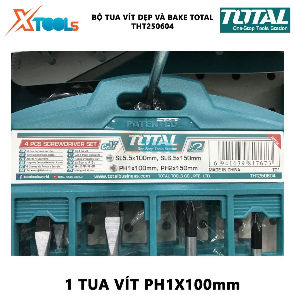 Bộ tuốc nơ vít dẹp và bake 4 chi tiết TOTAL THT250604 |  dùng để siết chặt hoặc gỡ bỏ ốc vít [CHÍNH HÃNG] [XTOOLs]