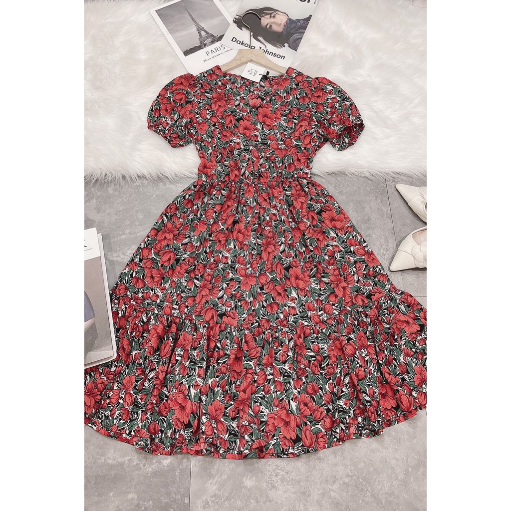 VÁY HOA ĐỎ VINTAGE CỔ V CHUN EO | BigBuy360 - bigbuy360.vn