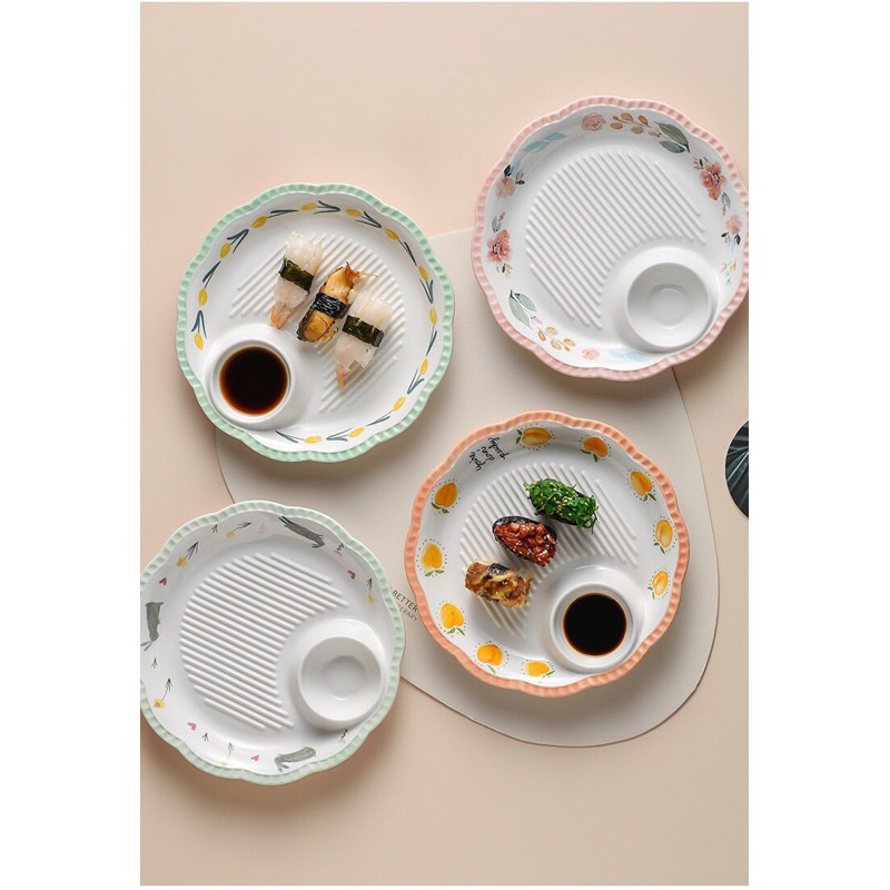 Khay sứ miệng lượn kèm chấm siêu đẹp đường kính 22cm