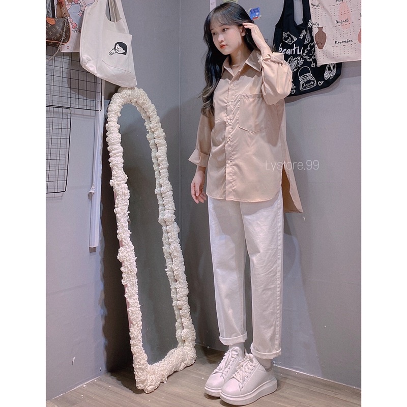 [Mã FAMARAL1 giảm 10K đơn 50K] (Hình shop tự chụp) Áo sơmi nâu vạt bầu + quần baggy trắng | BigBuy360 - bigbuy360.vn